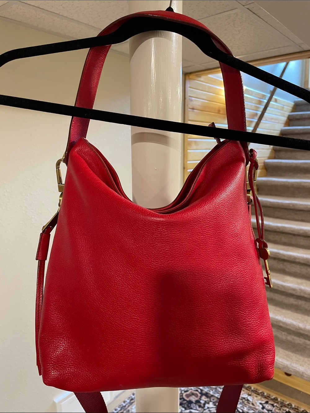 Fossil Red Leather Crossbody Hobo Bag